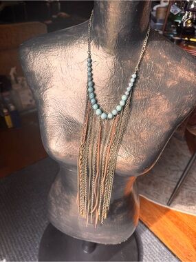 Bohemian Faux Turquoise and Chain Fringe Statement Necklace
